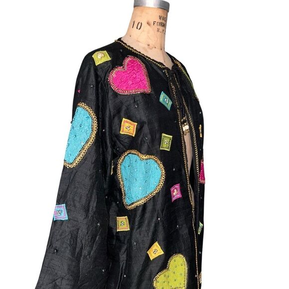 Colorful Silk Jacket with Heart Appliqué by JA Resort Oversized Size S - Picture 2 of 7